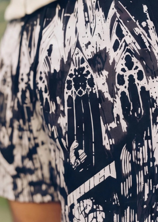 Cathedral print shorts close-up